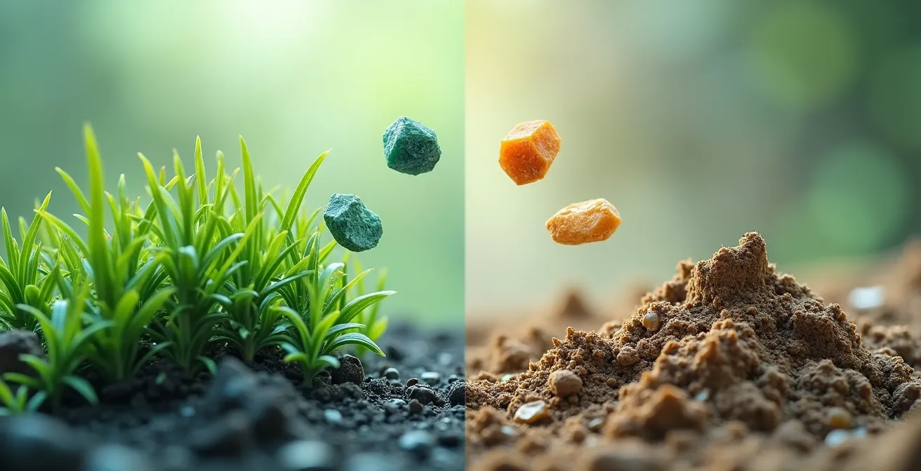 Vergleichende Darstellung von Algen und Schlamm mit eingeblendeten Mineralsymbolen vor einem Hauthintergrund