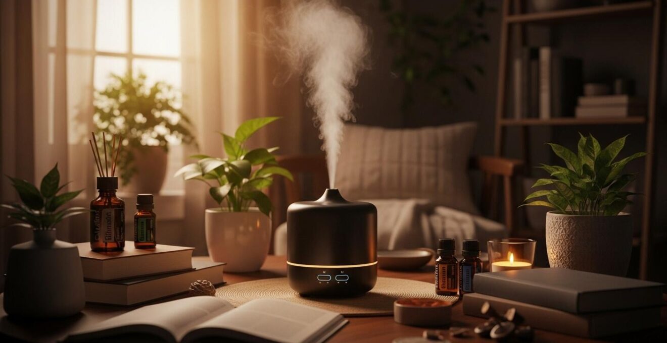 Ein moderner Aroma-Diffusor, der sanften Nebel in einem gemütlichen, stimmungsvoll beleuchteten Raum abgibt