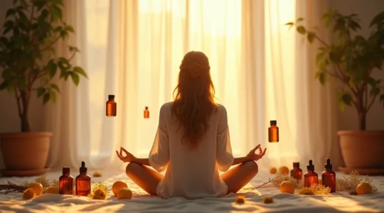 Symbolische Darstellung einer Person mit entspannter Ausstrahlung umgeben von ätherischen Ölen und beruhigenden Pflanzen, die emotionale Balance symbolisiert