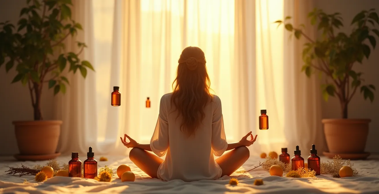 Symbolische Darstellung einer Person mit entspannter Ausstrahlung umgeben von ätherischen Ölen und beruhigenden Pflanzen, die emotionale Balance symbolisiert