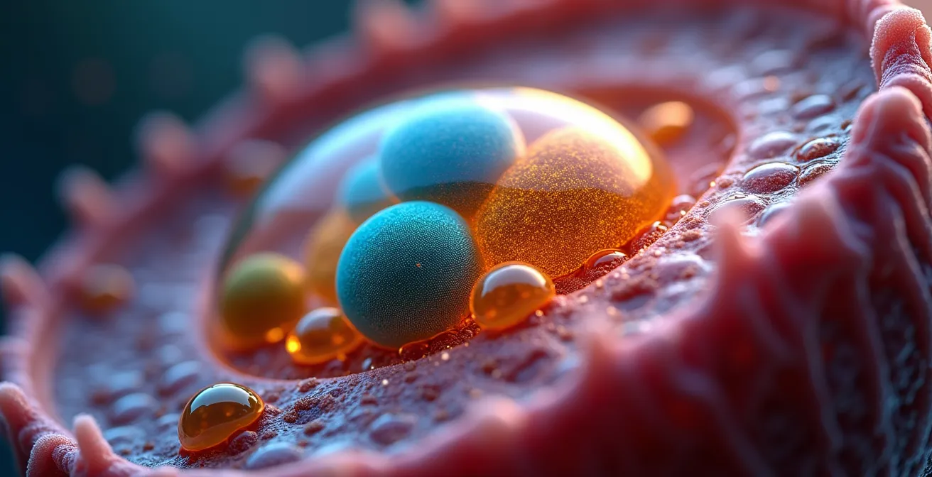 Wissenschaftliche Darstellung der Autophagie auf zellulärer Ebene mit Organellen und Recycling-Prozessen