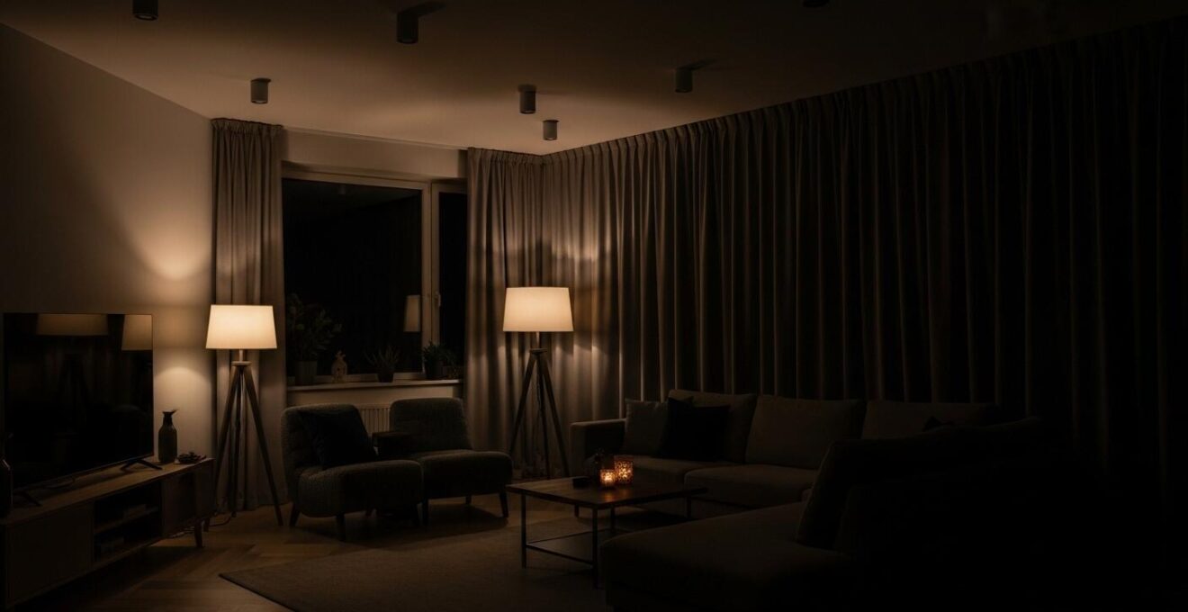Wohnzimmer mit mehreren Lichtquellen wie Stehlampe, Spots und Deckenlampen für gemütliche Atmosphäre