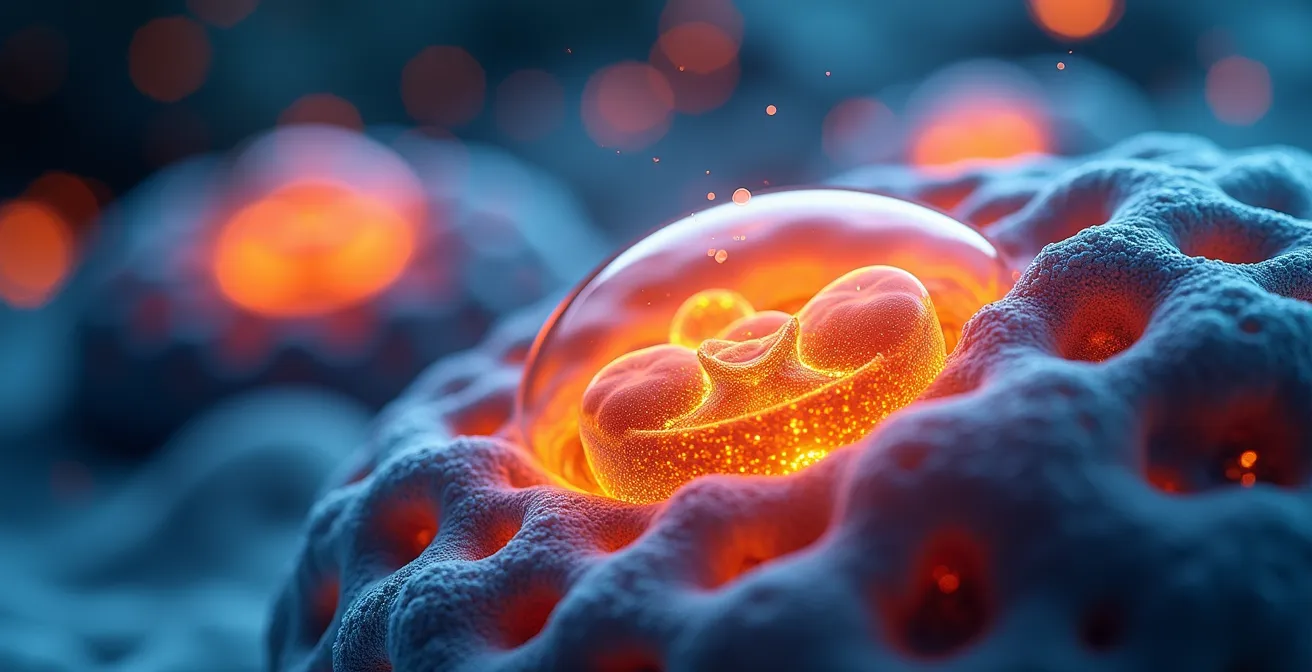 Mikroskopische Darstellung der Aktivierung brauner Fettzellen durch Kälte mit Mitochondrien und Wärmeerzeugung auf zellulärer Ebene