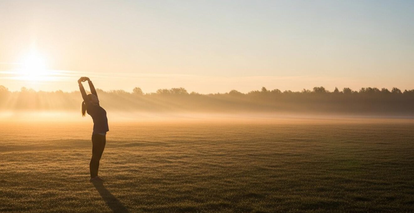 Cinematic Hauptbild von entspannter Person im Sonnenaufgang, symbolisiert das Wiederaufladen von Körper und Geist nach Stressphasen
