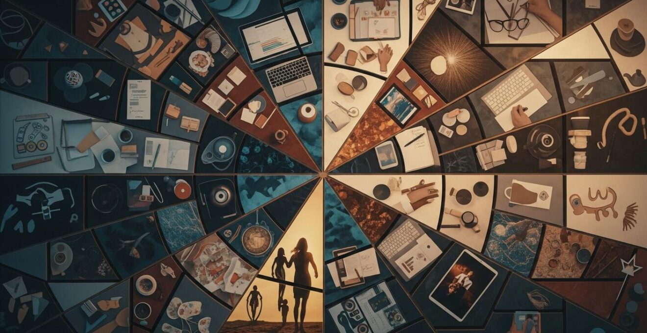 Symbolische Darstellung eines Mosaiks aus verschiedenen Lebensbereichen, die zu einem harmonischen Ganzen zusammengefügt werden