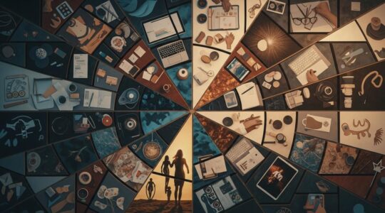 Symbolische Darstellung eines Mosaiks aus verschiedenen Lebensbereichen, die zu einem harmonischen Ganzen zusammengefügt werden