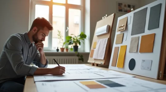 Symbolische Darstellung eines Innenarchitekten bei der Planung eines Raumes mit Skizzen, Moodboard und Farbmuster