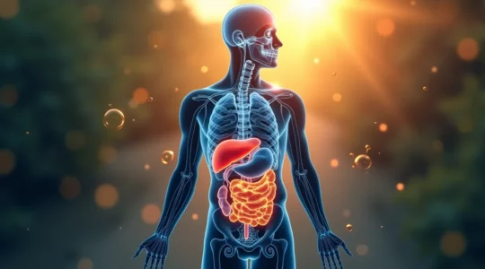 Symbolische Darstellung der natürlichen Körperentgiftung durch Leber und Nieren mit wissenschaftlichen Elementen