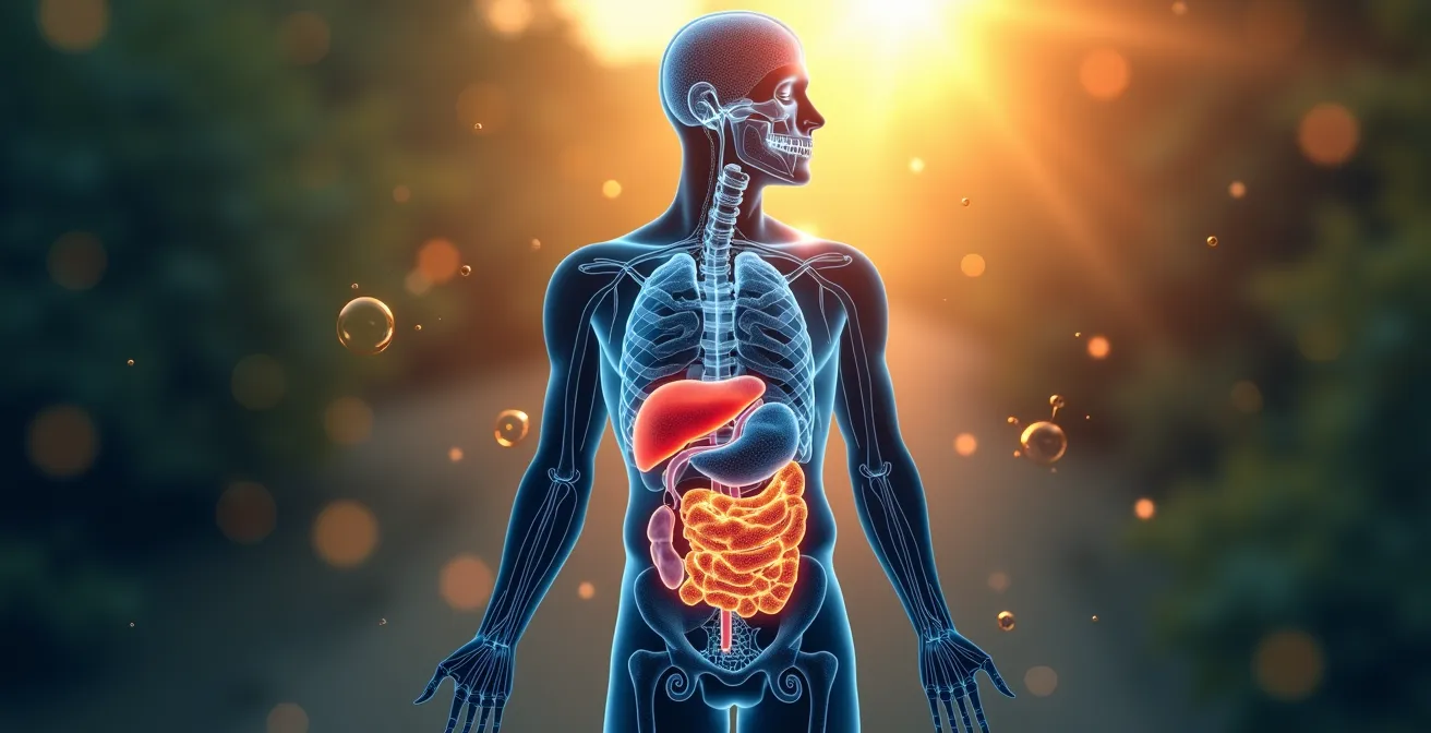 Symbolische Darstellung der natürlichen Körperentgiftung durch Leber und Nieren mit wissenschaftlichen Elementen