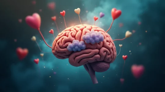 Symbolische Darstellung eines menschlichen Gehirns, das mit farbigen Duftwolken und emotionalen Symbolen verbunden ist