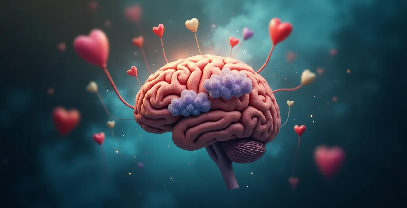 Symbolische Darstellung eines menschlichen Gehirns, das mit farbigen Duftwolken und emotionalen Symbolen verbunden ist