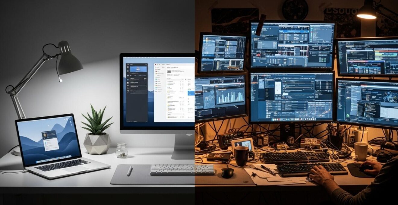 Kontrast zwischen einem minimalistischen, organisierten digitalen Arbeitsplatz und einem überladenen maximalistischen Desktop