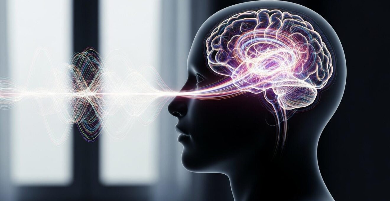 Symbolische Darstellung der Verbindung zwischen Düften, Gehirn und Emotionen mit menschlichem Kopf und Duftwolken