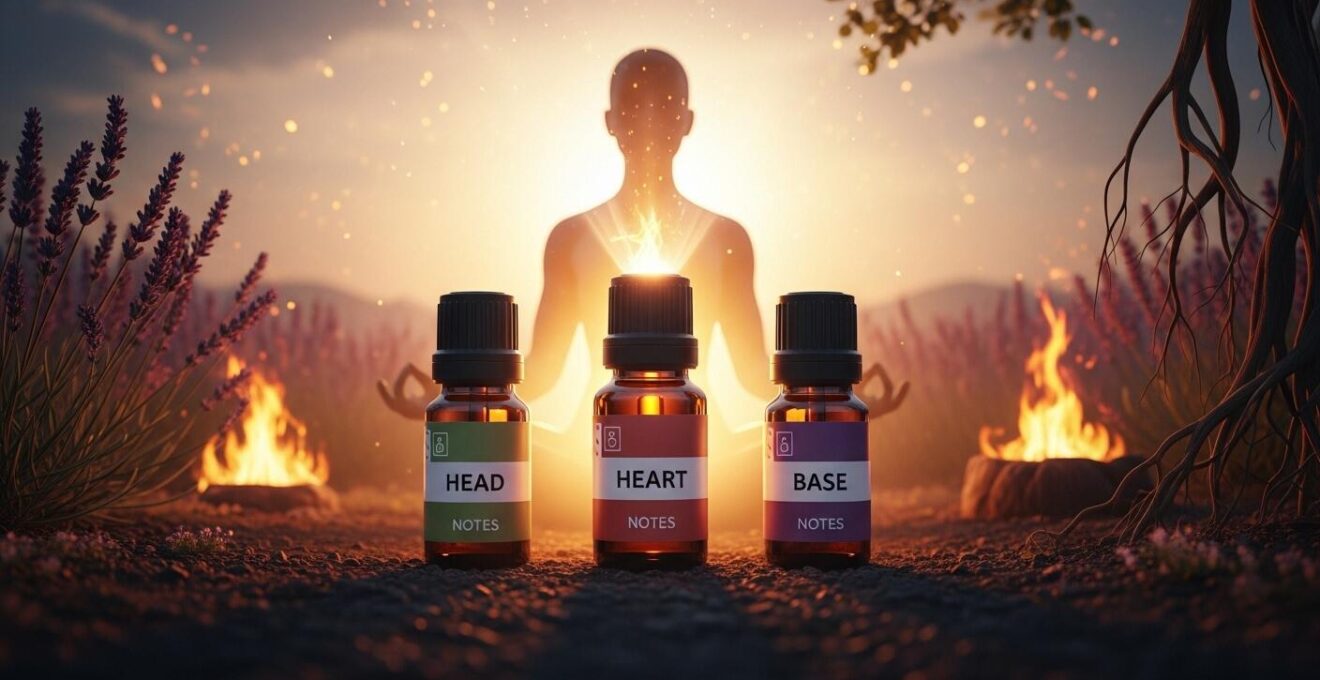 Symbolische Darstellung von Aromatherapie mit ätherischen Ölen, die emotionale Balance und Seelenheilung symbolisieren