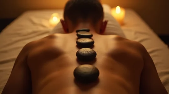 Eine entspannte Person liegt auf einer Massageliege mit warmen Basaltsteinen auf den sieben Chakra-Punkten entlang der Wirbelsäule, umgeben von sanftem warmem Licht