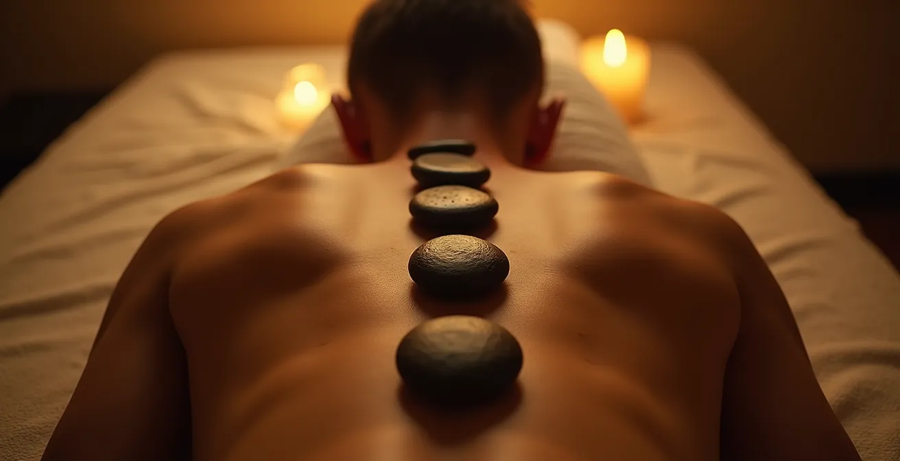 Eine entspannte Person liegt auf einer Massageliege mit warmen Basaltsteinen auf den sieben Chakra-Punkten entlang der Wirbelsäule, umgeben von sanftem warmem Licht