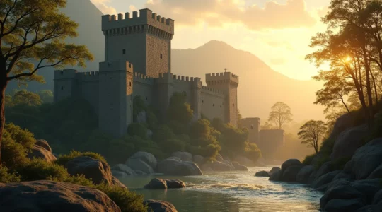 Eine Symbolische Festung, die geistige und körperliche Gesundheit schützt, dargestellt in einer harmonischen und beruhigenden Landschaft