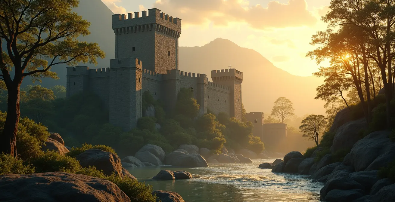 Eine Symbolische Festung, die geistige und körperliche Gesundheit schützt, dargestellt in einer harmonischen und beruhigenden Landschaft