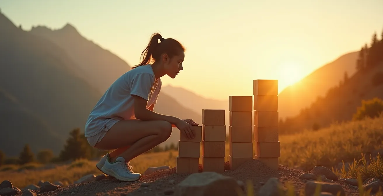 Eine Person baut symbolisch ein stabiles Fundament aus Bausteinen auf, die verschiedene Gesundheitspraktiken repräsentieren, in einer inspirierenden Landschaft