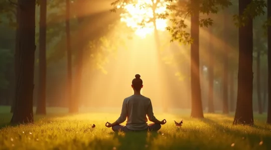 Eine Person in meditativer Pose im Wald, umgeben von Lichtstrahlen, die körperliche und geistige Erneuerung symbolisieren