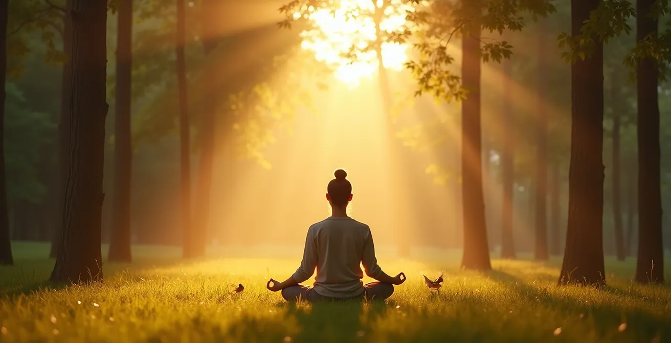 Eine Person in meditativer Pose im Wald, umgeben von Lichtstrahlen, die körperliche und geistige Erneuerung symbolisieren