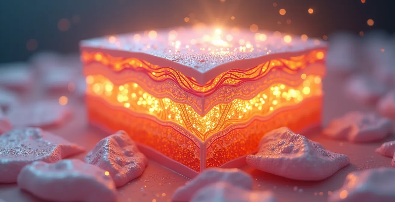 Querschnitt der Haut mit aktivierten Fibroblasten und verstärkter Kollagenproduktion durch Kälteeinwirkung für natürliche Hautstraffung