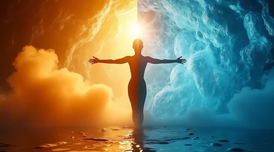 Künstlerische Darstellung der Wechselwirkung zwischen warmen und kalten Temperaturen für therapeutische Anwendungen mit Symbolen für Schmerzlinderung und Hautstraffung