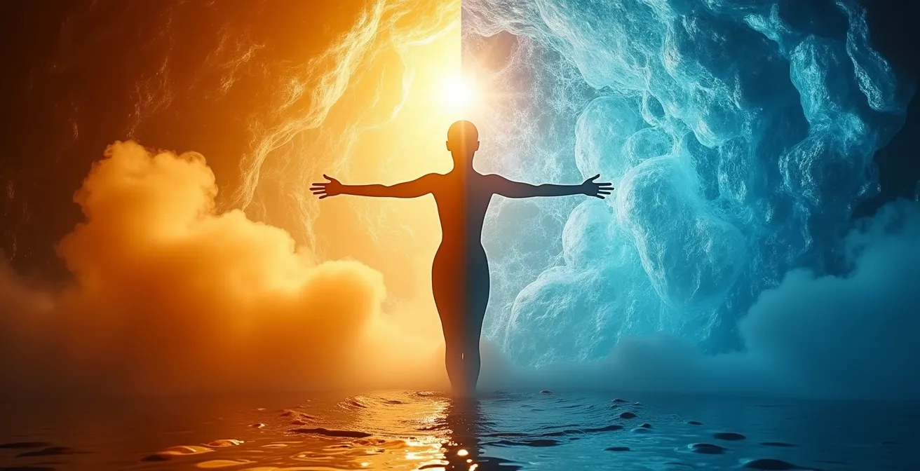 Künstlerische Darstellung der Wechselwirkung zwischen warmen und kalten Temperaturen für therapeutische Anwendungen mit Symbolen für Schmerzlinderung und Hautstraffung