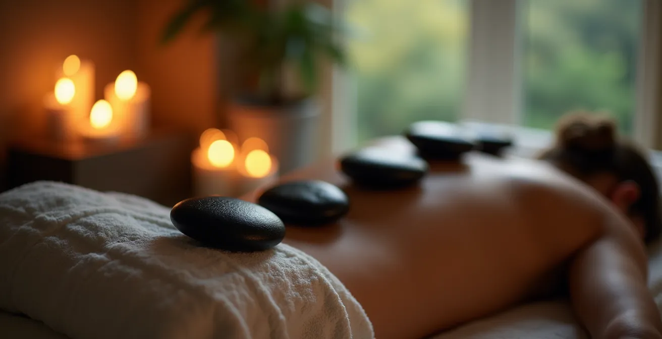Symbolische Darstellung einer Hot-Stone-Massage mit warmen Basaltsteinen auf dem Rücken einer entspannten Person in ruhiger Umgebung