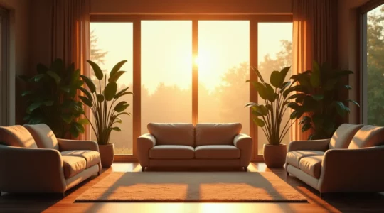 Moderner, harmonisch gestalteter Wohnraum mit ausgewählten Farben, Pflanzen und Licht