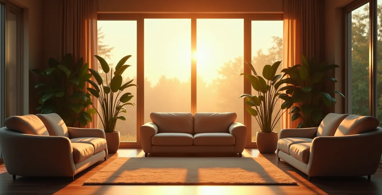 Moderner, harmonisch gestalteter Wohnraum mit ausgewählten Farben, Pflanzen und Licht