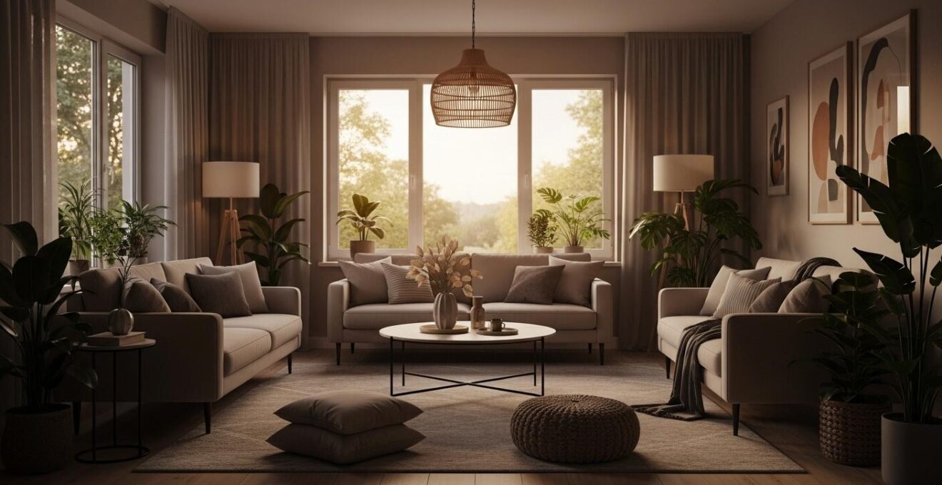 Ein harmonisch gestaltetes Wohnzimmer mit beruhigenden Farben, natürlichem Licht und Pflanzen, das Ruhe und Wohlbefinden ausstrahlt