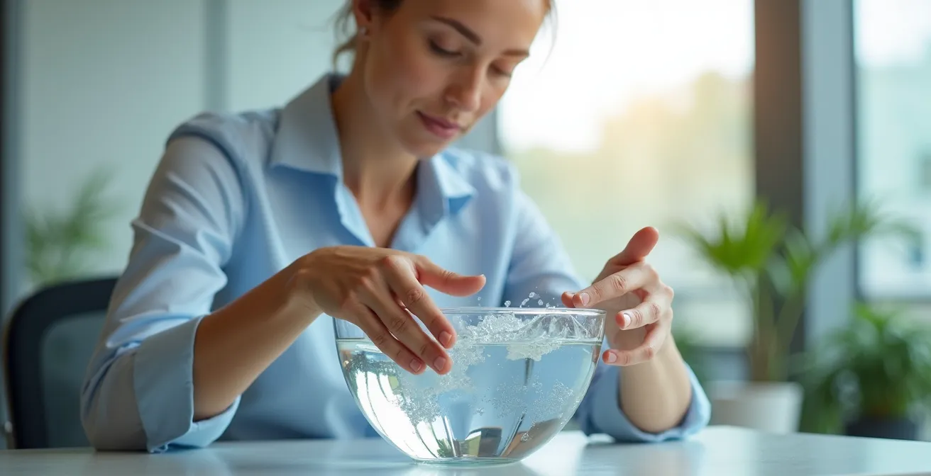 Eine Person führt ein kaltes Armbad am Arbeitsplatz durch, die Arme bis zu den Ellbogen in einer Schüssel mit kaltem Wasser, mit sichtbaren Energielinien, die Konzentration und Erfrischung symbolisieren
