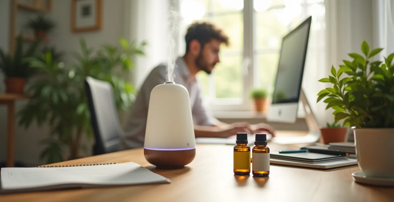 Moderner Home-Office-Arbeplatz mit Diffusor, lebendigen Pflanzen und Duftmischungen zur Steigerung der Konzentration
