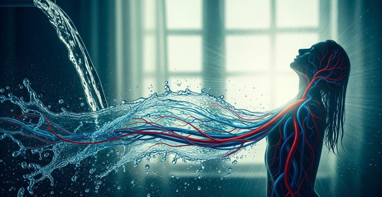 Symbolische Darstellung der Kraft des Wassers, die durch Hydrotherapie die Durchblutung und Energie fördert