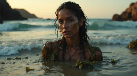 Symbolische Darstellung einer Frau, deren Körper mit Algen und mineralreichem Schlamm bedeckt ist, umgeben von Meeres- und Erd-Elementen.