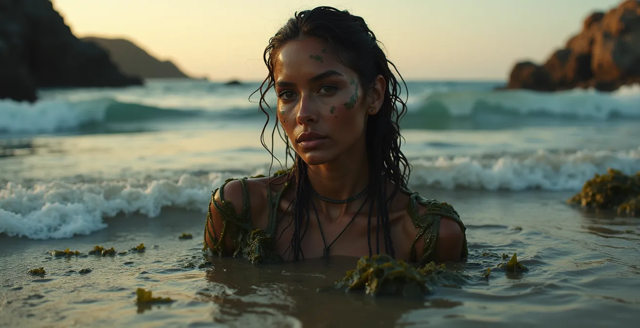 Symbolische Darstellung einer Frau, deren Körper mit Algen und mineralreichem Schlamm bedeckt ist, umgeben von Meeres- und Erd-Elementen.