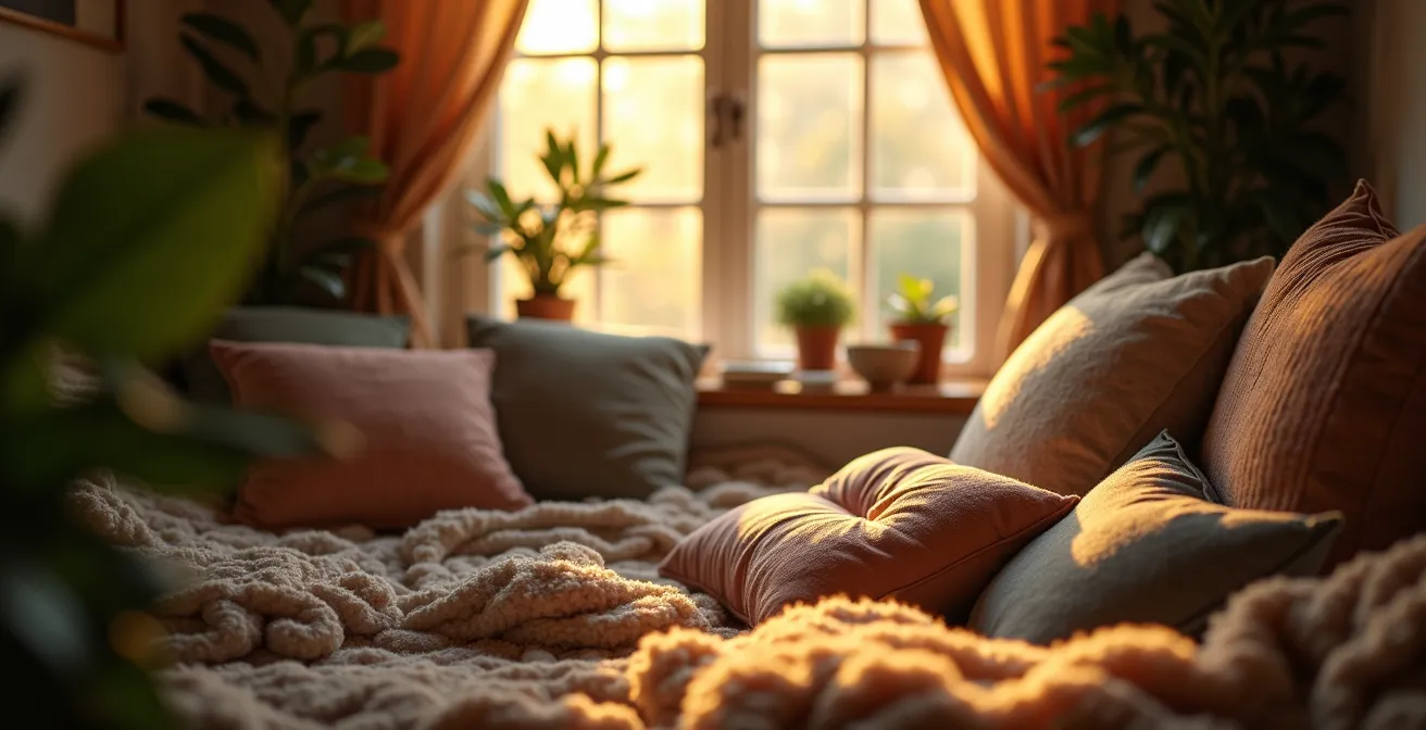 Gemütlicher, friedlicher Rückzugsort in einem modernen Zuhause, der Ruhe und Geborgenheit ausstrahlt