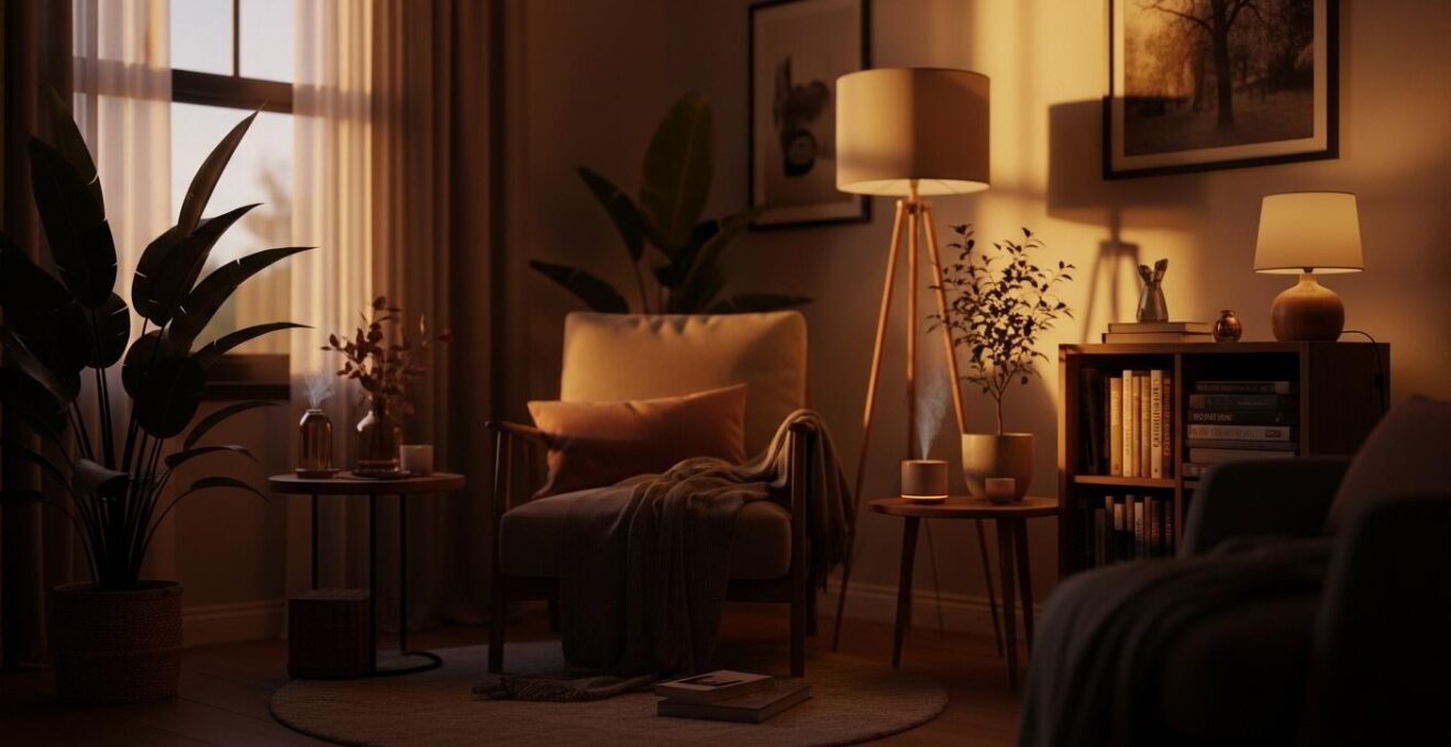 Gemütlicher Rückzugsort in einem modernen Wohnzimmer mit Lesesessel, beruhigender Beleuchtung und Pflanzen