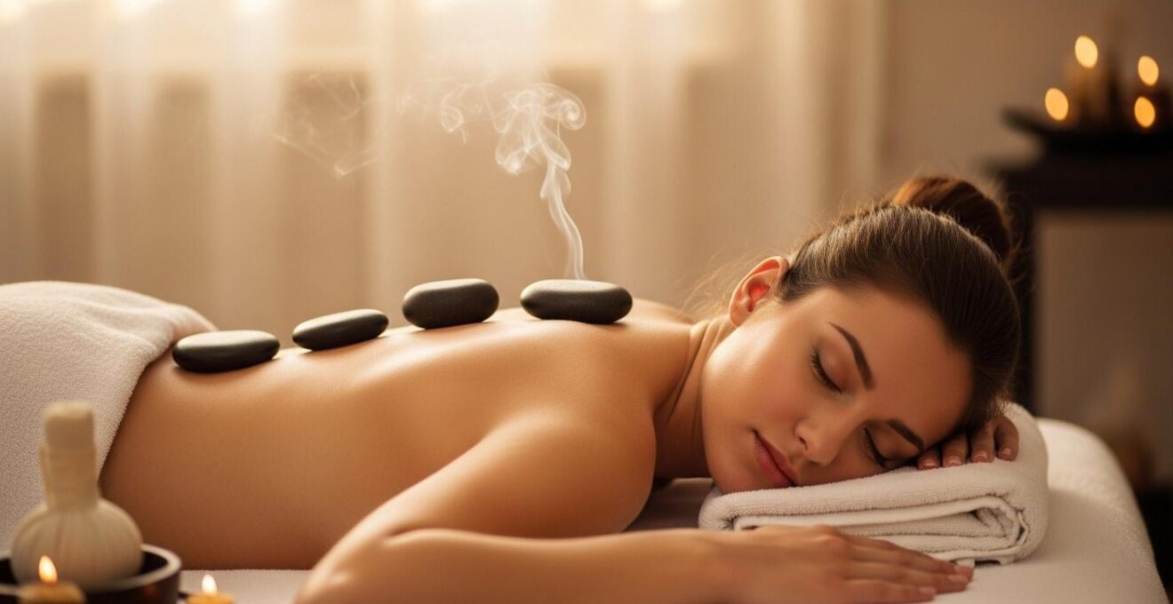 Entspannende Hot-Stone-Massage mit warmen, vulkanischen Basaltsteinen auf dem Rücken einer entspannten Person