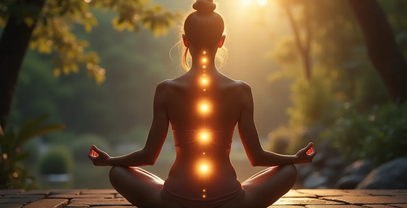 Eine Person in Meditationshaltung mit sanft leuchtenden Chakra-Punkten entlang der Wirbelsäule, die Hände ruhen auf verschiedenen Energiezentren