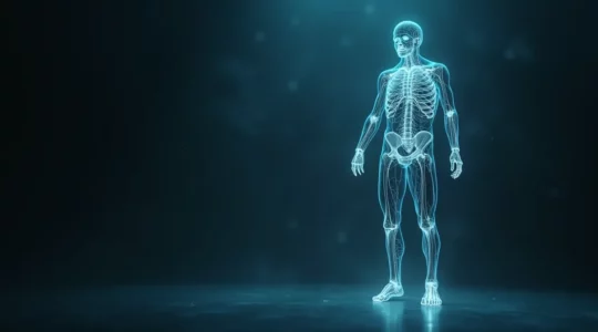 Symbolische Darstellung eines menschlichen Körpers mit hervorgehobenen Muskel- und Fasziennetzwerken im fließenden Übergang