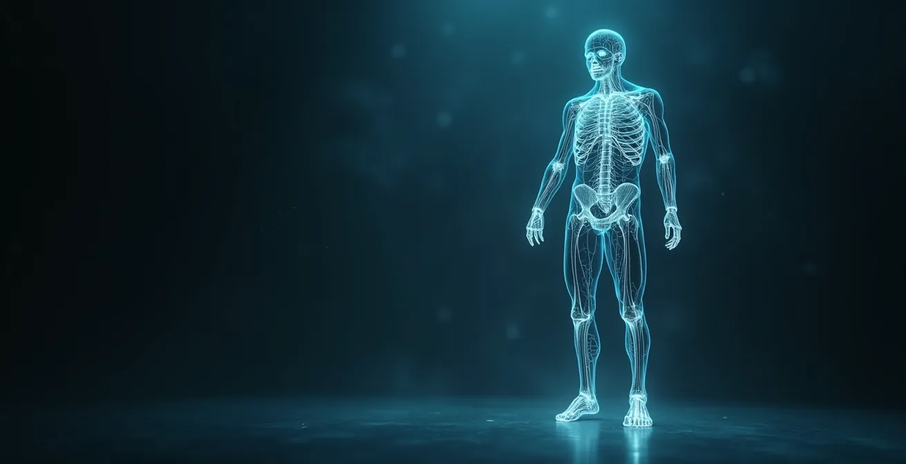 Symbolische Darstellung eines menschlichen Körpers mit hervorgehobenen Muskel- und Fasziennetzwerken im fließenden Übergang