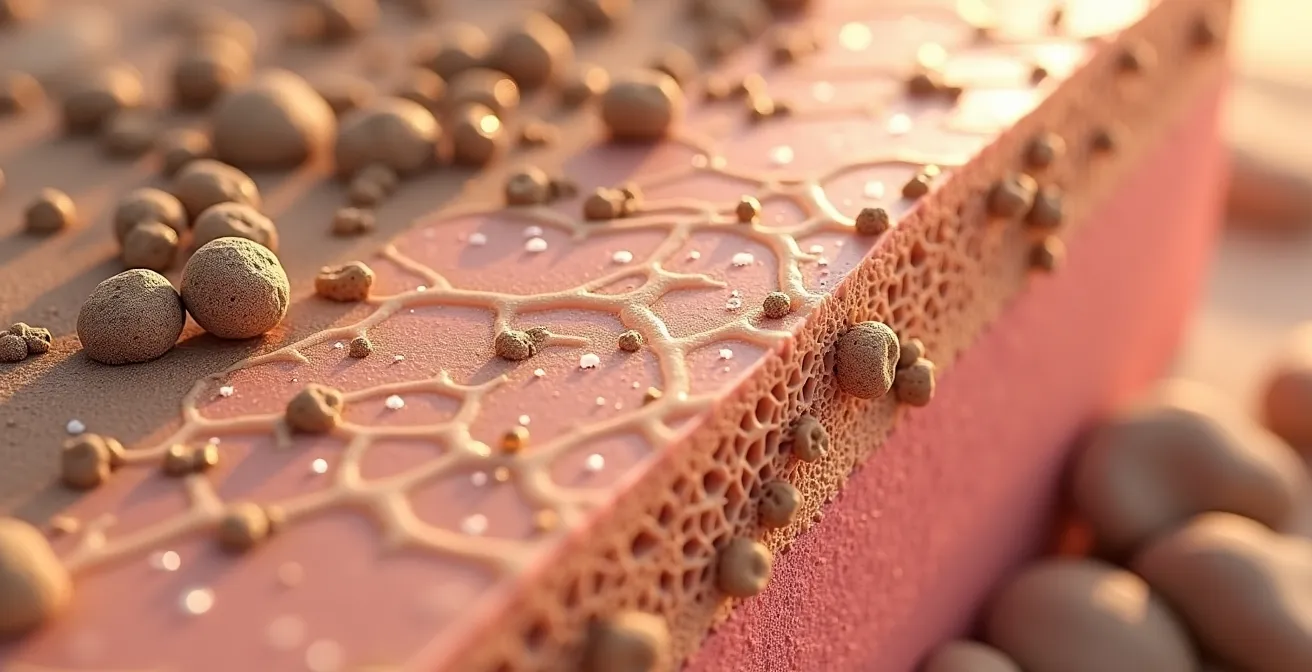 Detaillierte Darstellung der Adsorption von Hauttalg und Unreinheiten durch Mineralerde-Partikel