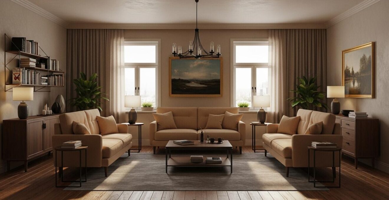 Wohnzimmer mit kommunikationsinseln und stillen zonen, Möbel Abstand von der Wand, gemütliche Atmosphäre