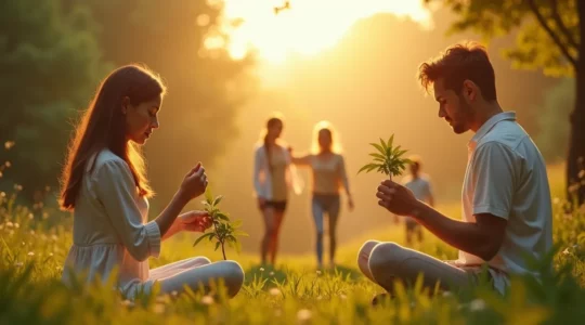 Symbolisches Bild, das nachhaltige Gewohnheiten und lebenslanges Wohlbefinden darstellt, mit Menschen, die kleine Schritte in einer friedlichen Umgebung machen