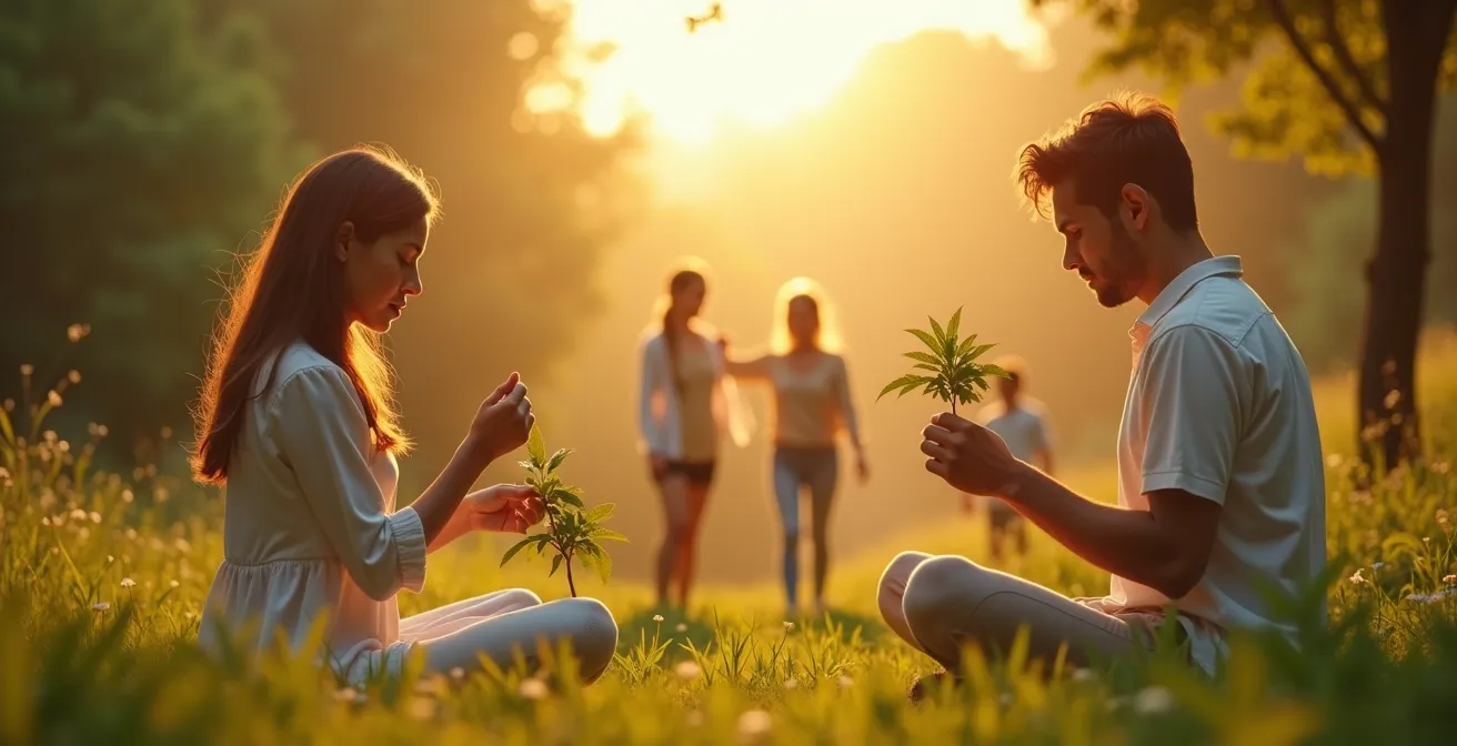 Symbolisches Bild, das nachhaltige Gewohnheiten und lebenslanges Wohlbefinden darstellt, mit Menschen, die kleine Schritte in einer friedlichen Umgebung machen