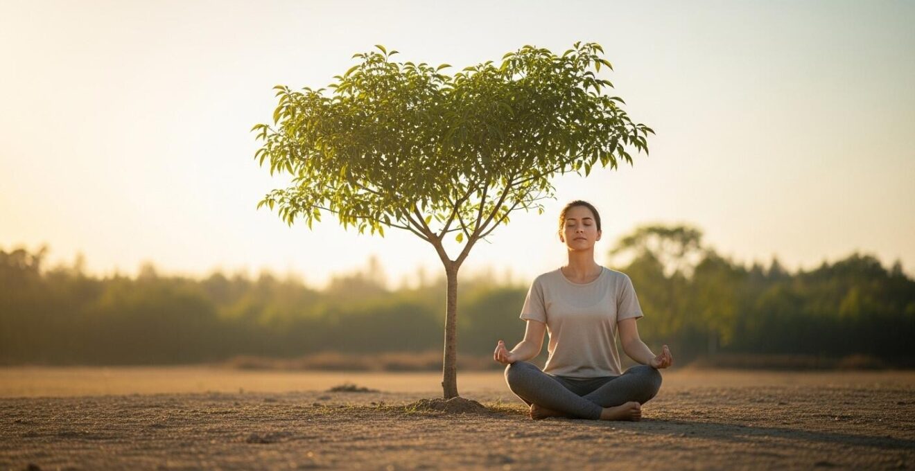 Symbolische Darstellung des lebenslangen Wohlbefindens durch nachhaltige Gewohnheiten mit einem harmonischen Menschen und einem wachsenden Baum