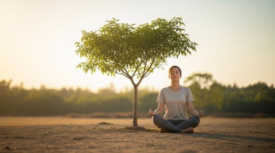 Symbolische Darstellung des lebenslangen Wohlbefindens durch nachhaltige Gewohnheiten mit einem harmonischen Menschen und einem wachsenden Baum
