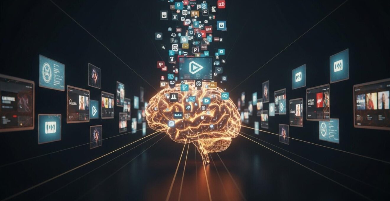 Symbolische Darstellung des Gehirns, das durch passive Mediennutzung überstimuliert wird